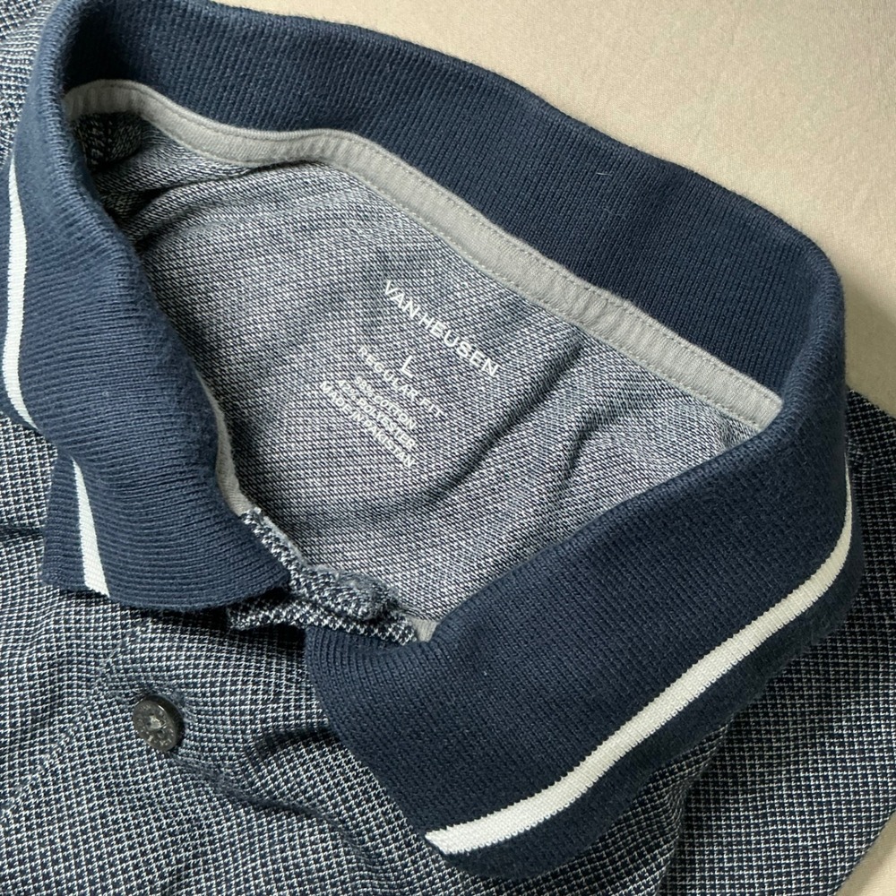 Van Heusen Mens Large‎ Polo Shirt Navy Blue White Striped Collar Regular Fit - Picture 5 of 5